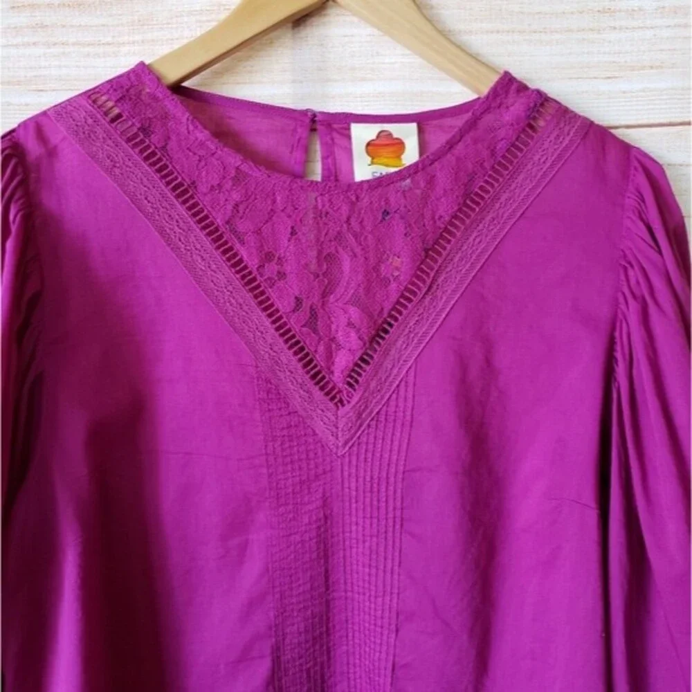 Farm Rio Anthropologie Kelsie Peasant Puff Sleeve Cotton Blend Blouse Top